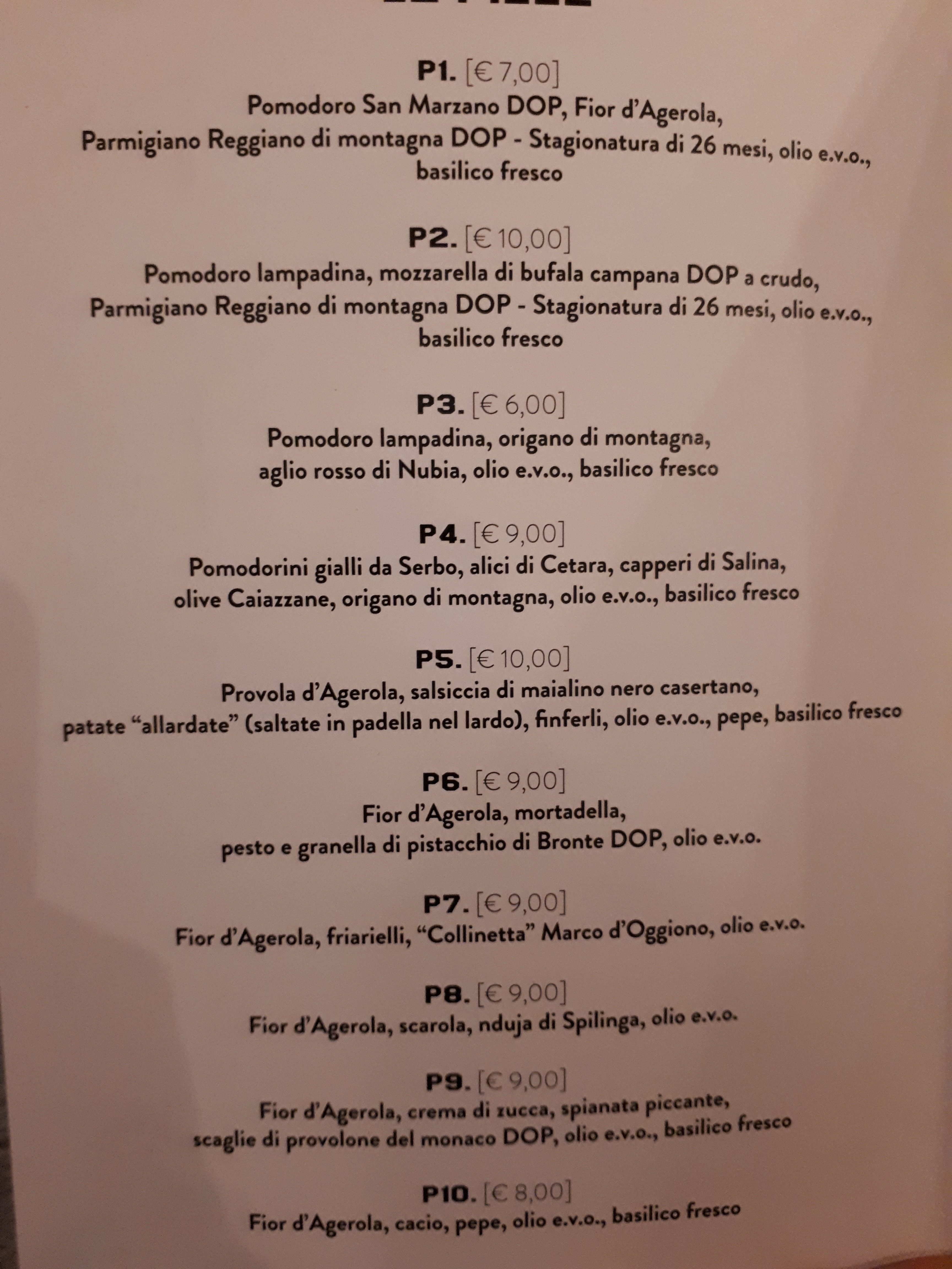 Pizzeria P: il menu